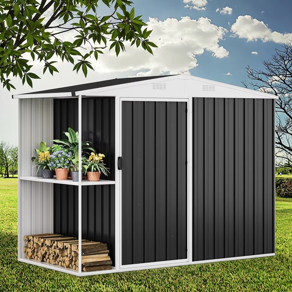 Metal Garden Shed with Shelving and Apex Roof, 122x305x207 cm