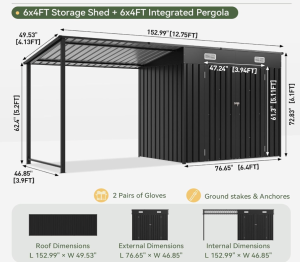 6x4ft Metal Storage Shed with Integrated Pergola Dimensions
