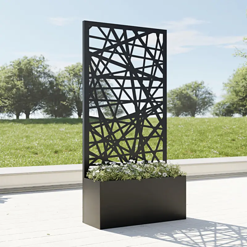 Black Metal Planter with Abstract Privacy Screen