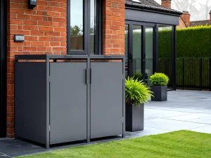 Outdoor Double Trash Bin Storage Cabinet Garden Scene