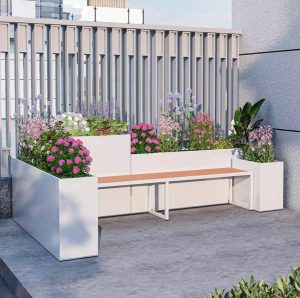 White Outdoor Planter Bench with Flowers