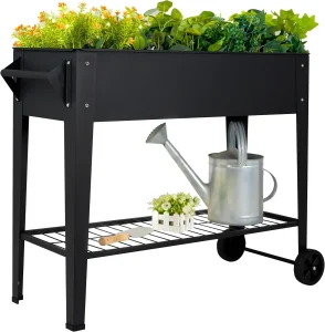 Elevated Metal Raised Garden Bed on Wheels with Shelf