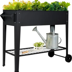 Elevated Metal Raised Garden Bed on Wheels with Shelf