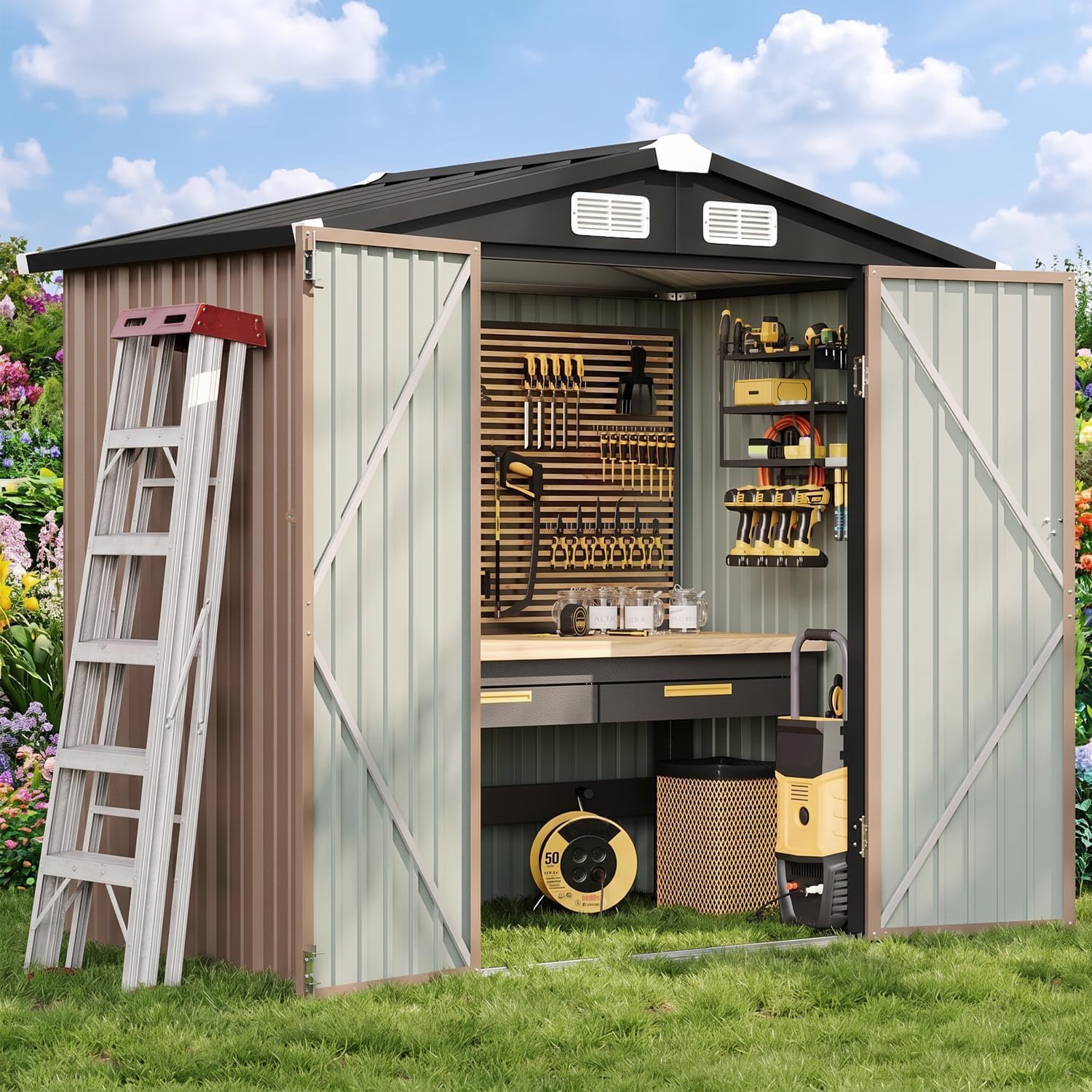 Large Metal Garden Storage Shed, Galvanized Steel