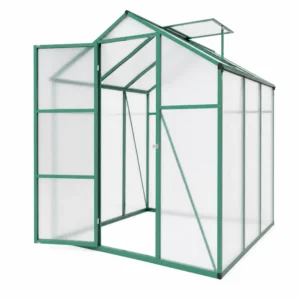 Green Polycarbonate Greenhouse Side View with Open Door