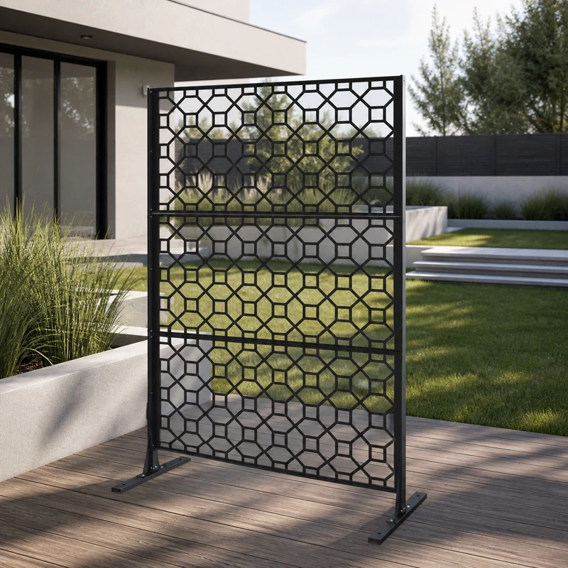 Metal privacy screen PF-03 with geometric lattice panels installed in a landscaped garden