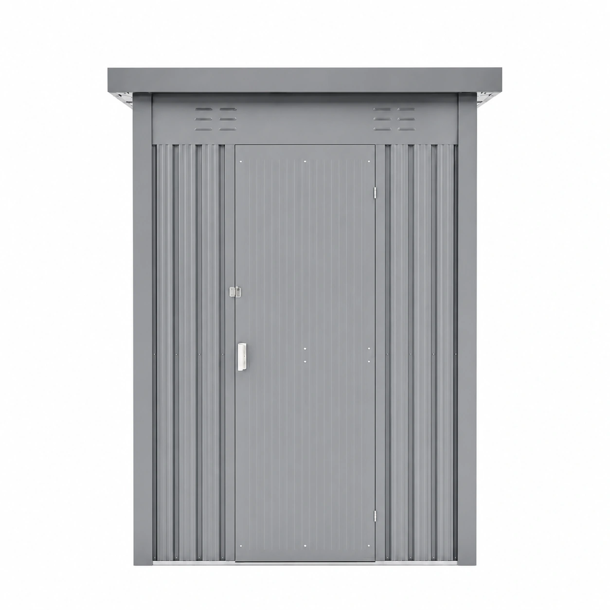Gray Metal Flat Roof Storage Shed Front View