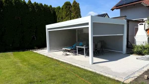 White Louvered Pergola Patio Side View