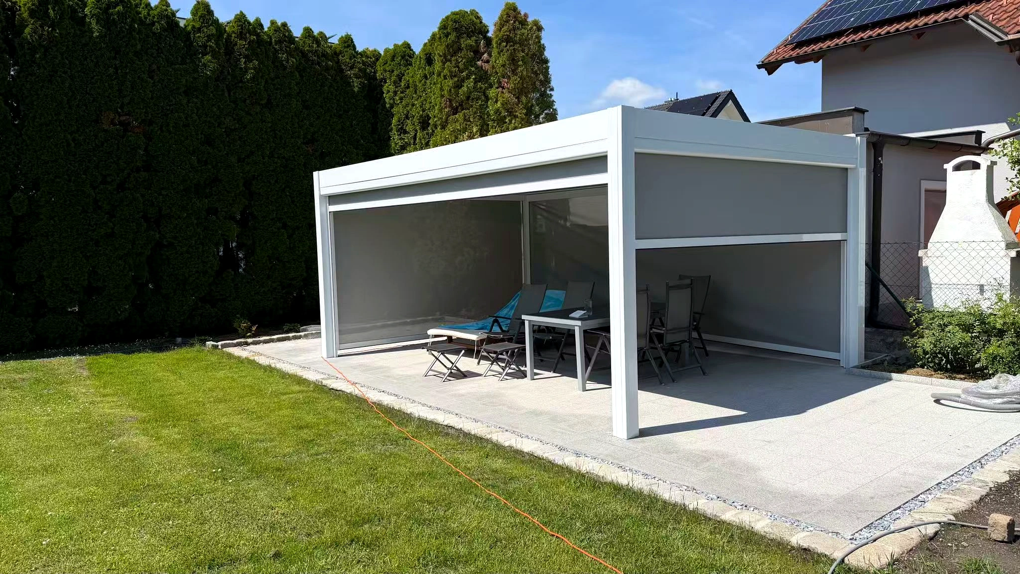 White Louvered Pergola Patio Side View