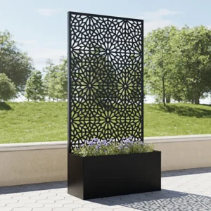 Black Metal Planter with Geometric Privacy Screen