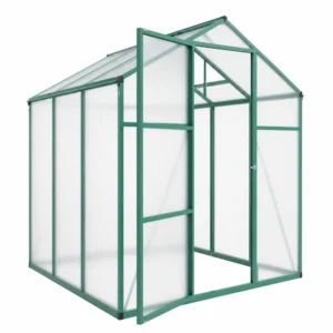 Green Polycarbonate Greenhouse Angled View with Open Door