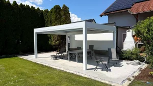 White Aluminum Louvered Pergola Patio Scene