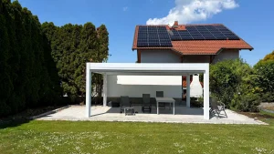 White Louvered Pergola Backyard Front View