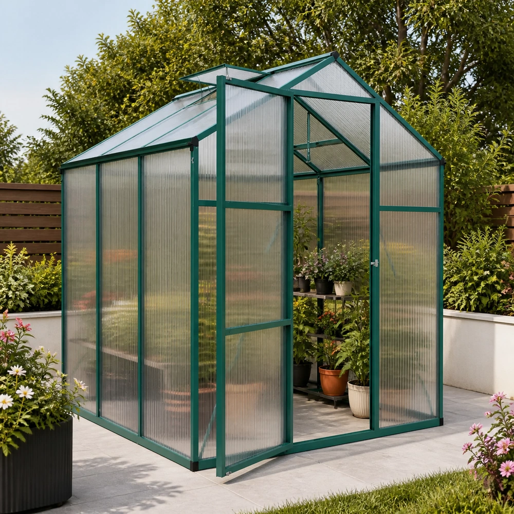 Green Polycarbonate Greenhouse Garden Scene
