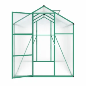 Green Polycarbonate Greenhouse Front View with Open Door