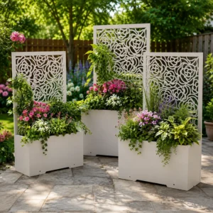 White Metal Planter with Floral Privacy Screen