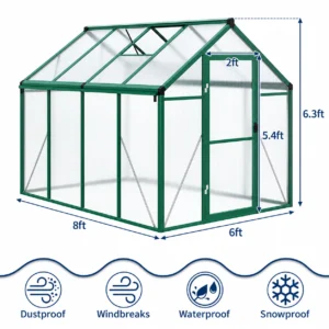 6x8ft polycarbonate greenhouse with aluminum frame dimensions
