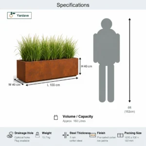 Corten steel planter box 100 x 40 x 40 cm specifications