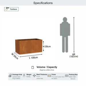 Corten steel planter box 100 x 50 x 50 cm specifications