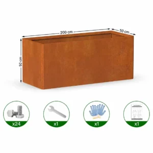 Corten steel planter box 200 x 50 x 50 cm installation accessories and dimensions