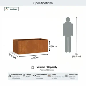 Corten steel planter box 200 x 50 x 50 cm specifications