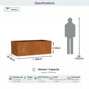 Corten steel planter box 300 x 50 x 50 cm specifications