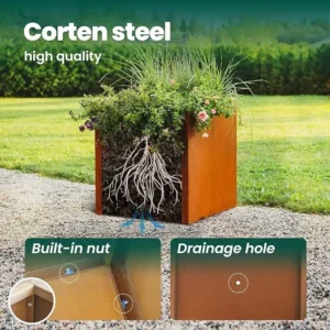 Corten steel planter box 40 x 40 x 40 cm built-in nut and drainage hole detail