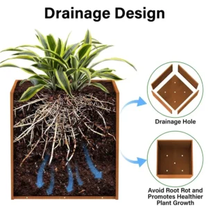 Corten steel planter box 40 x 40 x 40 cm drainage design for healthy plant growth