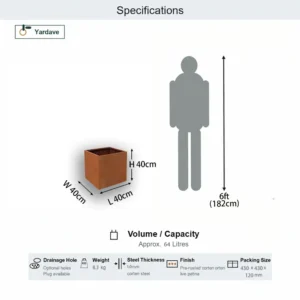 Corten steel planter box 40 x 40 x 40 cm specifications including size, weight and packing