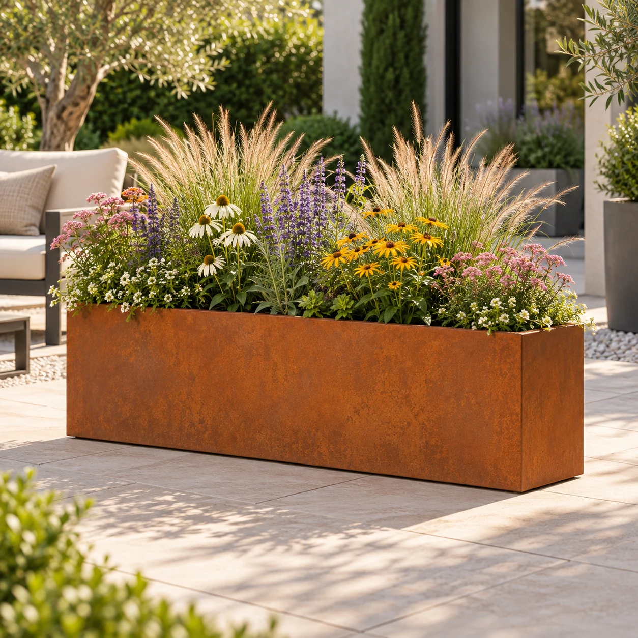 Corten steel planter box 75 x 32 x 32 cm used for patio landscaping