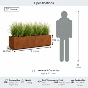 Corten steel planter box 75 x 32 x 32 cm size specifications with person reference