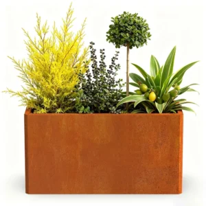 Corten steel planter box with plants for outdoor landscaping