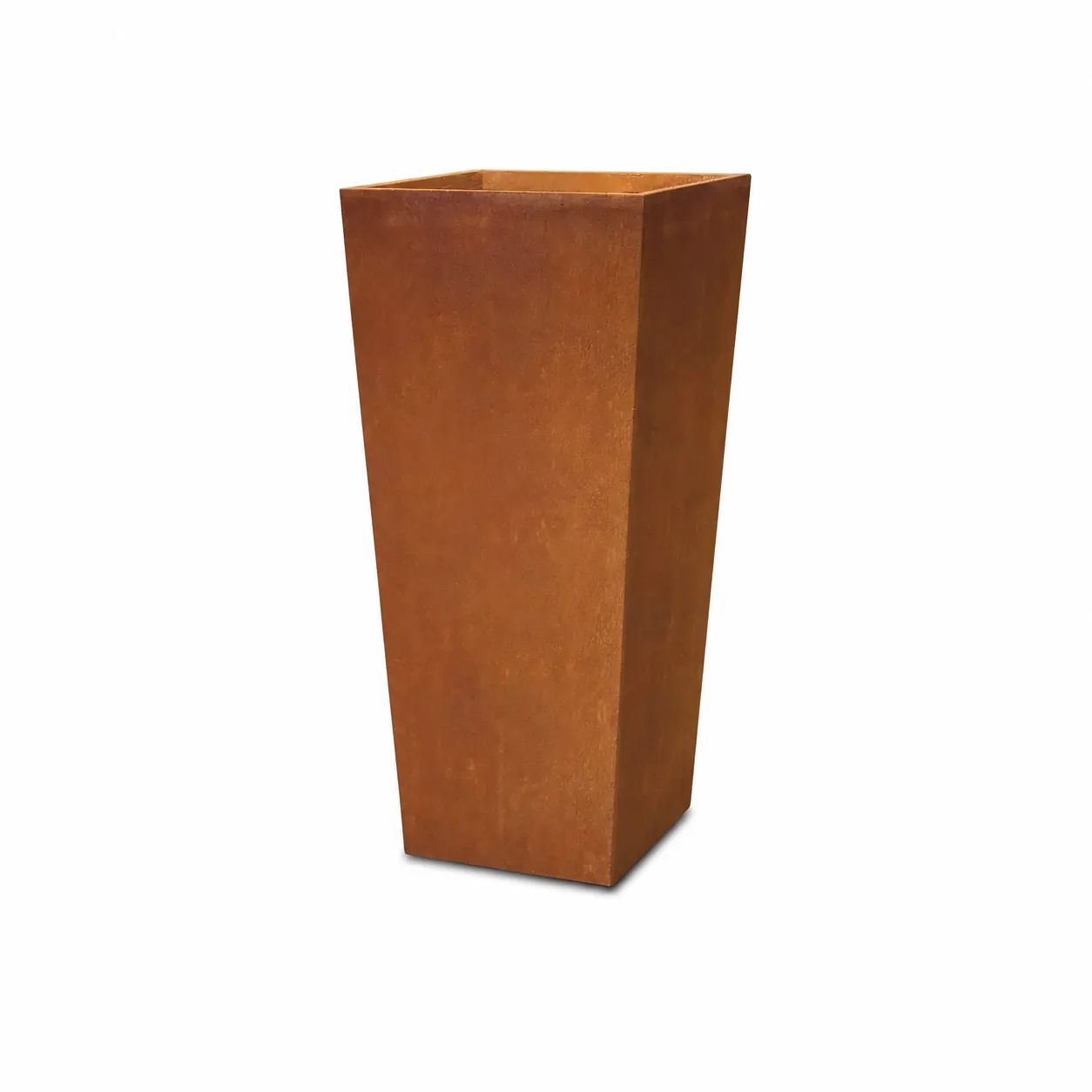 Corten steel tapered planter 30 x 30 x 70 cm on white background