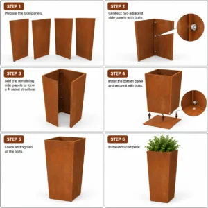 Corten steel tapered planter six-step assembly instructions