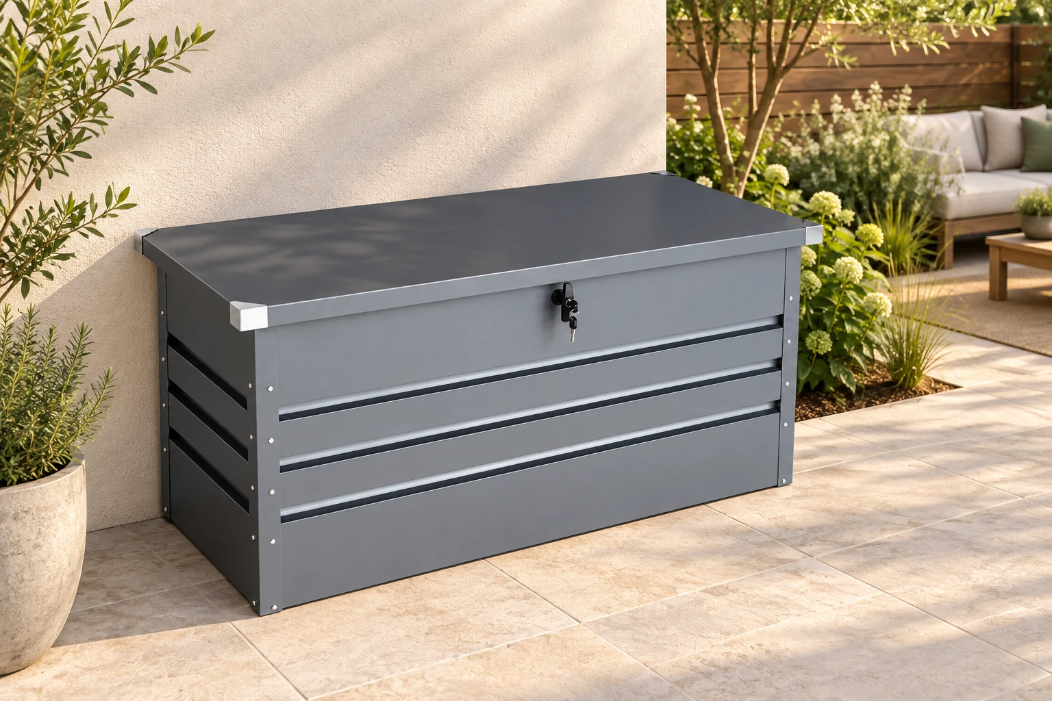 Grey lockable metal deck box