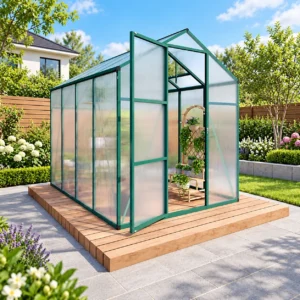 Green polycarbonate garden greenhouse with aluminum frame