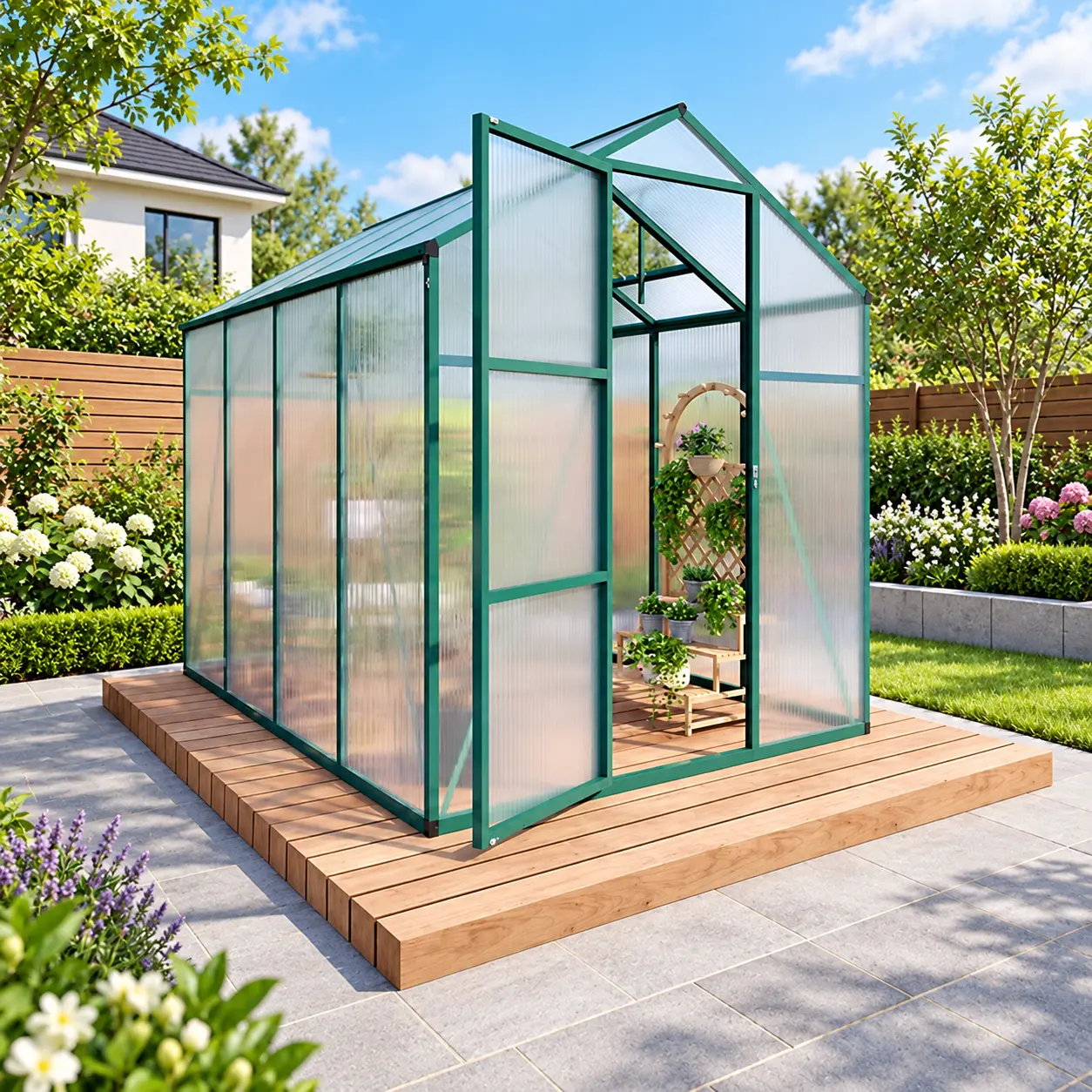 Green polycarbonate garden greenhouse with aluminum frame