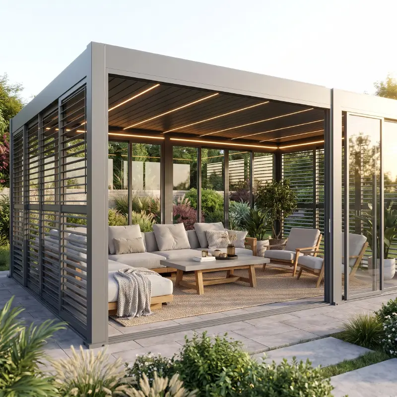 Modern outdoor aluminum pergola with glass sliding doors, side louvers and integrated LED lighting
