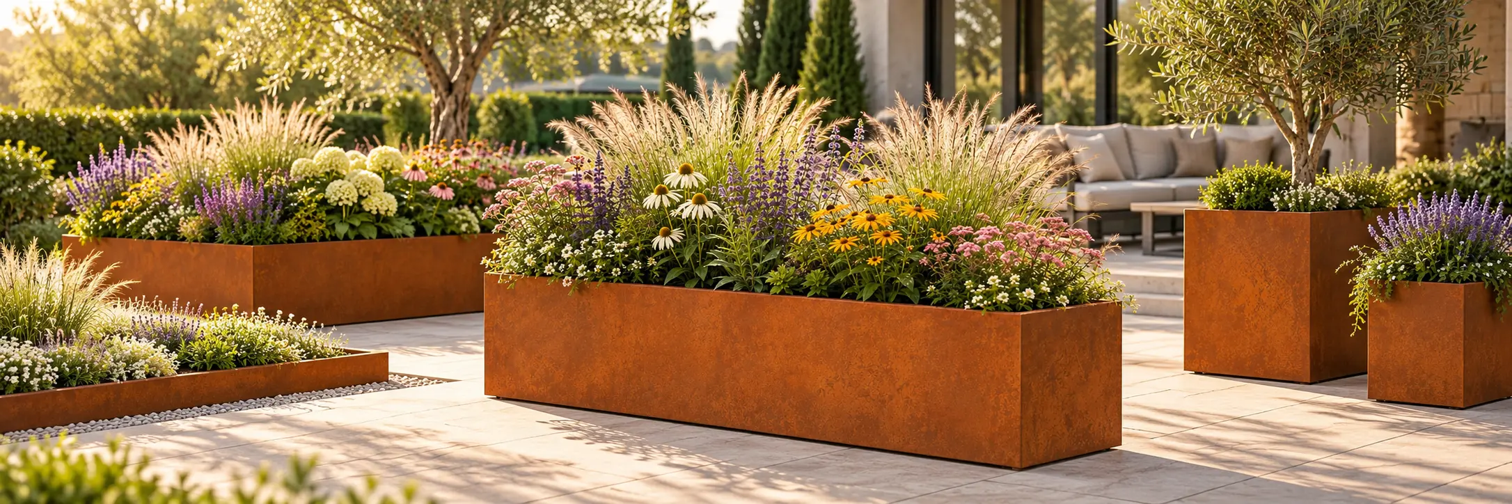 Commercial landscape corten steel planter boxes installed in luxury garden terrace and commercial plaza