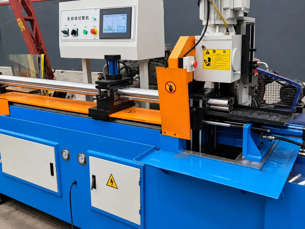 Automated CNC tube and pipe cutting machine fabricating metal carport frame rafters and posts at YardAve factory
