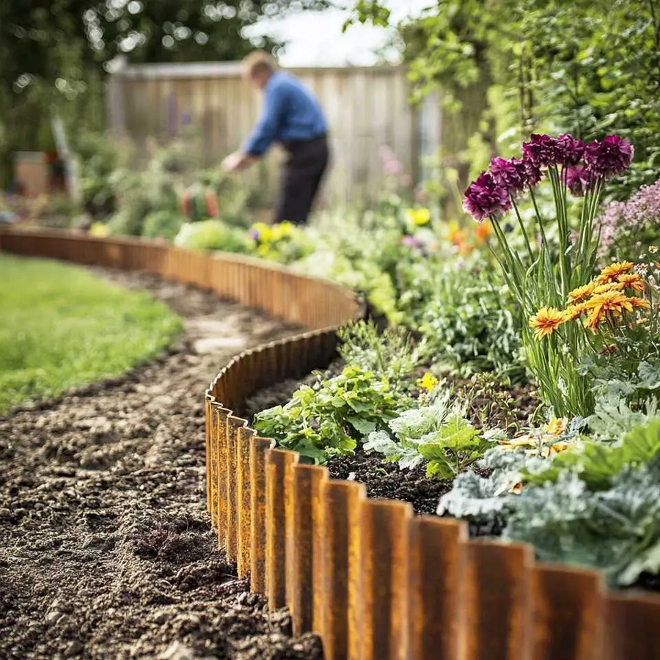 Rustic Corrugated Metal Garden Edging Border Around Curved Flower Beds