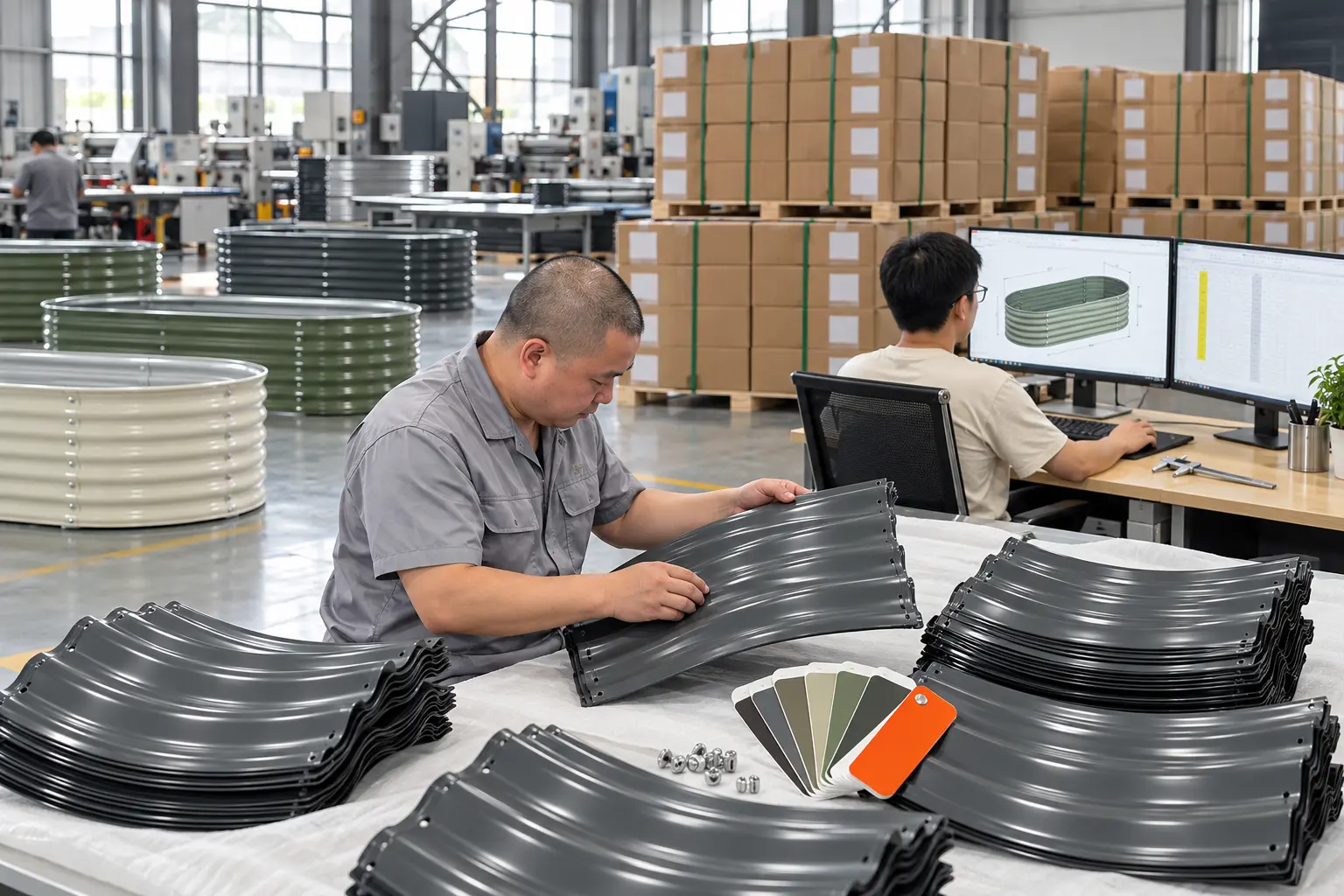 OEM raised garden bed production, quality inspection, custom colors and bulk packaging