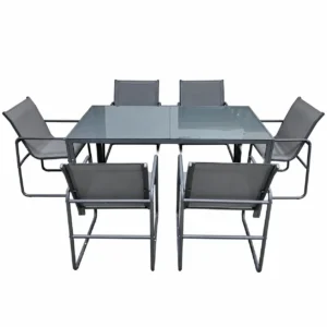 Grey outdoor dining set with a glass table and six Textilene iron tube chairs