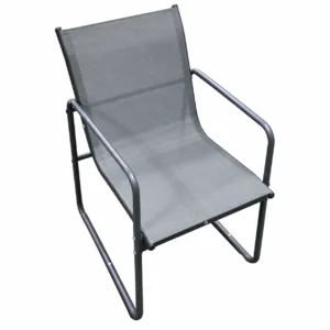 Grey Textilene outdoor dining chair with a curved iron tube frame