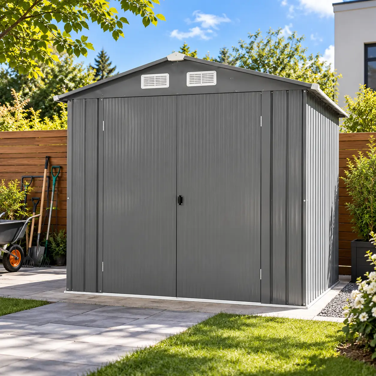 Grey Outdoor Metal Garden Storage Shed with Double Doors and Gable Roof in Backyard