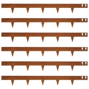 Pre-rusted corten steel landscape edging panels with integrated ground spikes and interlocking connections, six pieces on white background