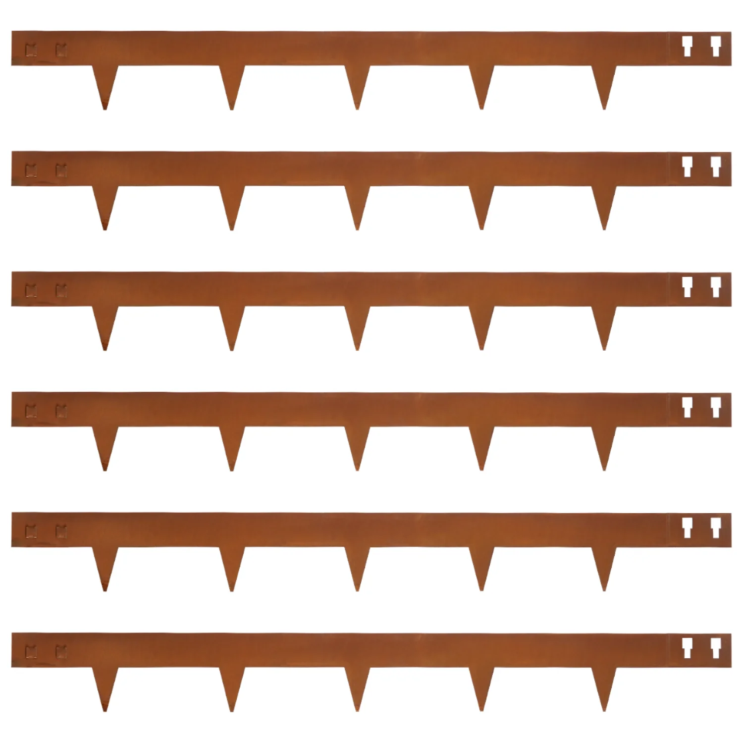 Pre-rusted corten steel landscape edging panels with integrated ground spikes and interlocking connections, six pieces on white background