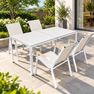 White Galvanized Steel Outdoor Dining Set with Textilene Chairs