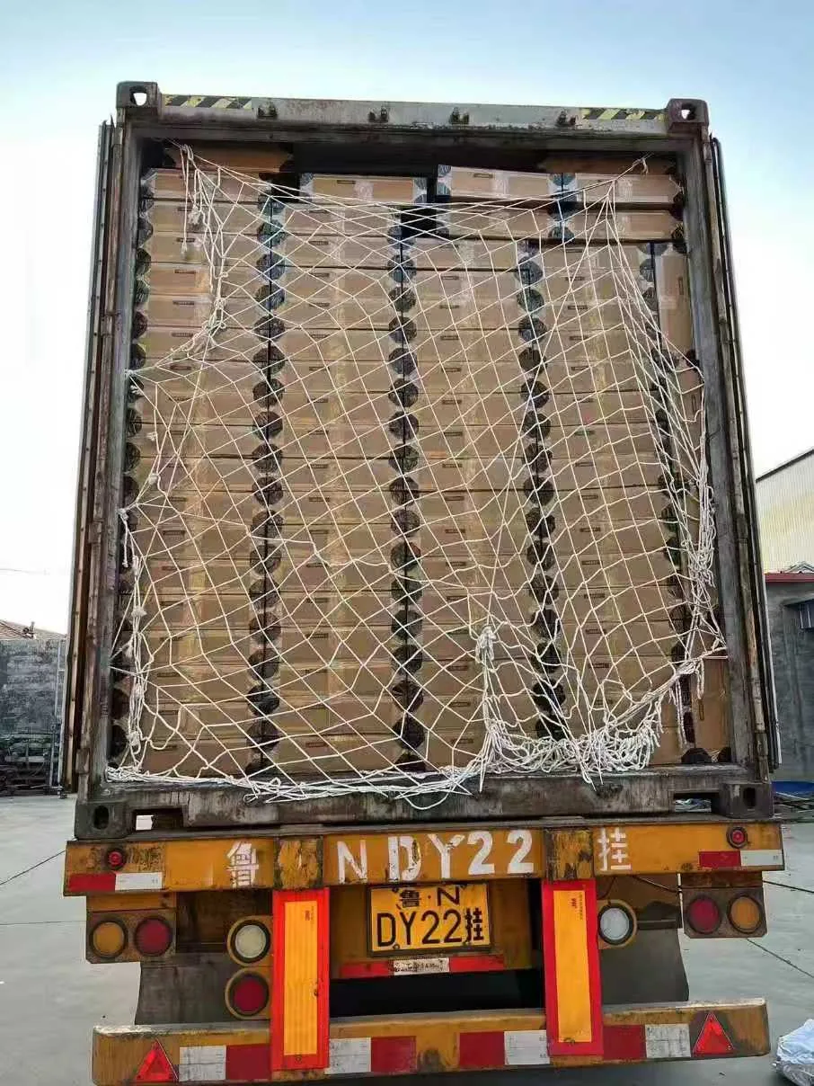 Container loaded with raised garden bed cartons and secured with a cargo net